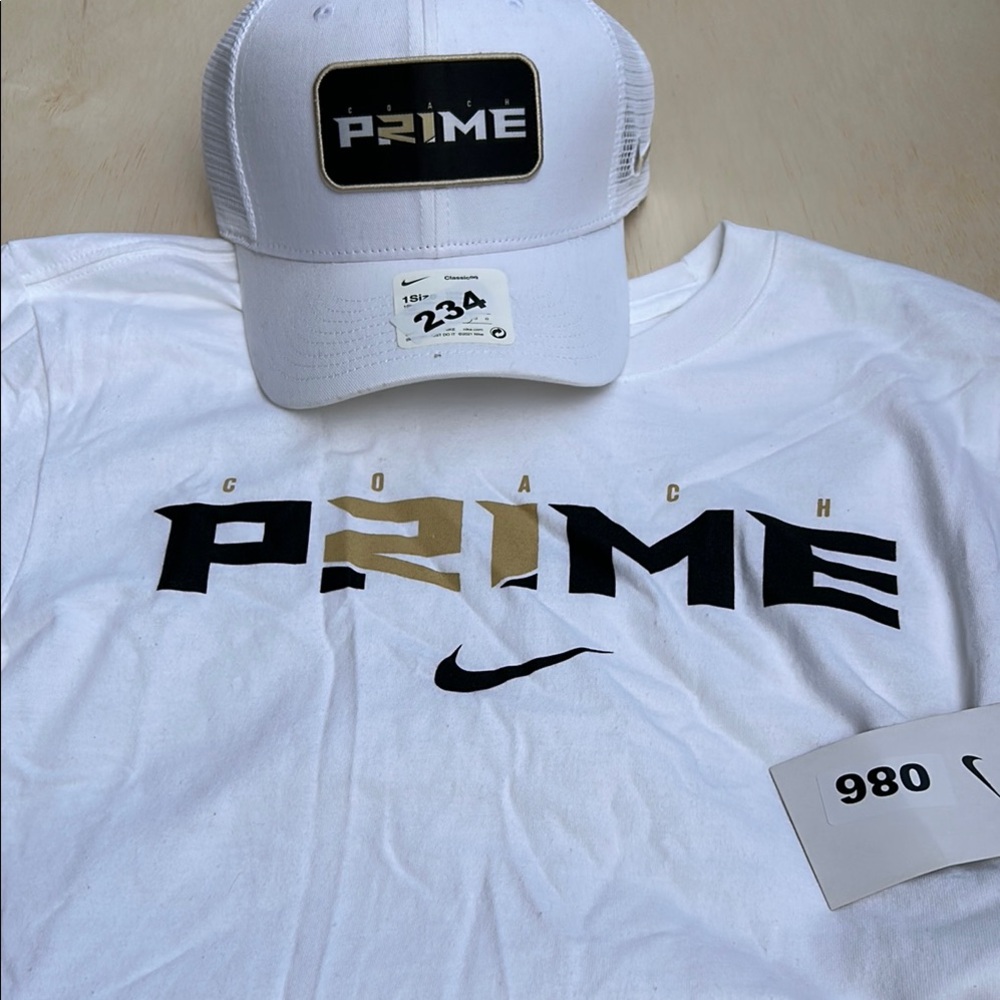 Nike Coach Prime Deion Sanders  T-Shirt and Trucker Hat Set White SMALL